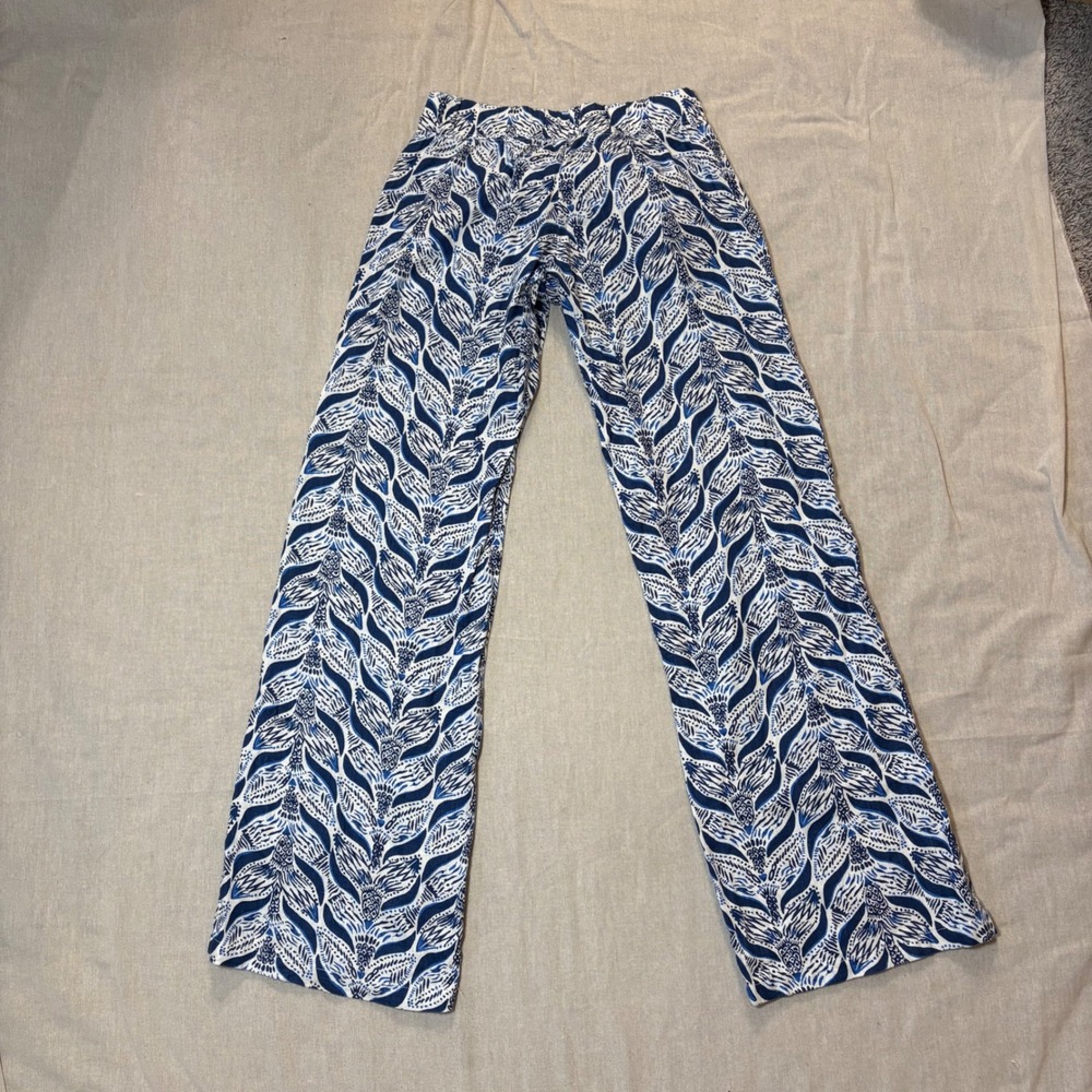 Lilly Pulitzer Palm Print Wide Leg Linen Pants XS Blue White Casual Beach Resort - Picture 7 of 8